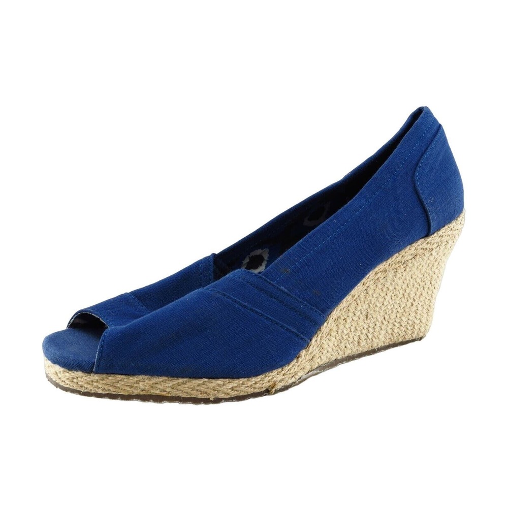 Skechers Monarcha Summer Days Women Peep Toe Wedge Size 9 Casual Blue Canvas